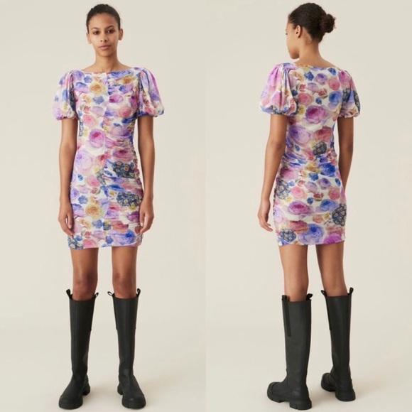 Ganni Ruched Floral-Print Mesh Mini Dress Size Small EUC - Picture 2 of 10